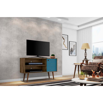 Manhattan Comfort 212BMC93 Liberty 42.52" Mid-Century - Modern TV Stand with 2 Shelves and 1 Door in Rustic Brown and Aqua Blue