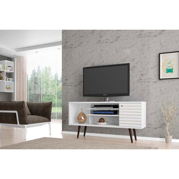 Manhattan Comfort 200AMC6 Liberty 53.14" Mid-Century - Modern TV Stand with 5 Shelves and 1 Door in White with Solid Wood Legs