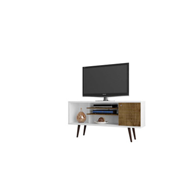 Manhattan Comfort 200AMC69 Liberty 53.14" Mid-Century - Modern TV Stand with 5 Shelves and 1 Door in White and Rustic Brown with Solid Wood Legs