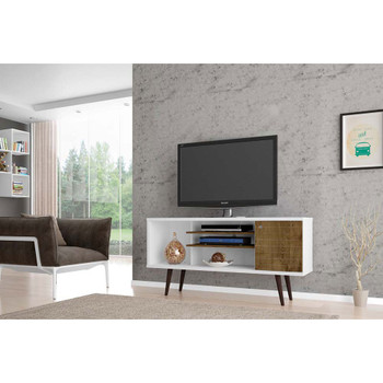 Manhattan Comfort 200AMC69 Liberty 53.14" Mid-Century - Modern TV Stand with 5 Shelves and 1 Door in White and Rustic Brown with Solid Wood Legs