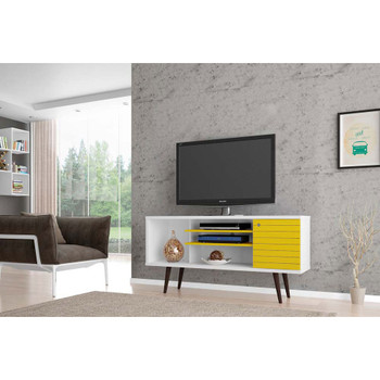 Manhattan Comfort 200AMC64 Liberty 53.14" Mid-Century - Modern TV Stand with 5 Shelves and 1 Door in White and Yellow with Solid Wood Legs