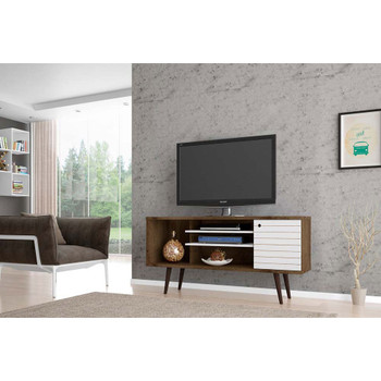 Manhattan Comfort 200AMC96 Liberty 53.14" Mid-Century - Modern TV Stand with 5 Shelves and 1 Door in Rustic Brown and White with Solid Wood Legs