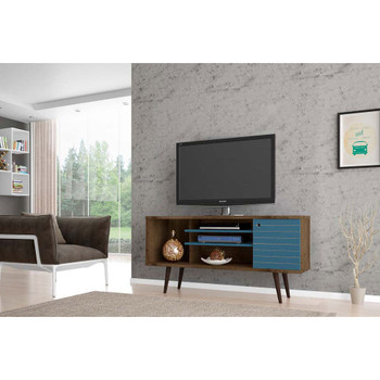 Manhattan Comfort 200AMC93 Liberty 53.14" Mid-Century - Modern TV Stand with 5 Shelves and 1 Door in Rustic Brown and Aqua Blue with Solid Wood Legs