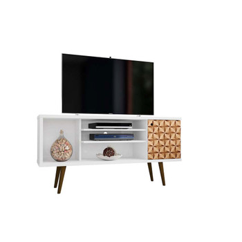 Manhattan Comfort 200AMC67 Liberty 53.14" Mid-Century - Modern TV Stand with 5 Shelves and 1 Door in White and 3D Brown Prints