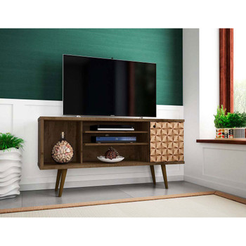 Manhattan Comfort 200AMC97 Liberty 53.14" Mid-Century - Modern TV Stand with 5 Shelves and 1 Door in Rustic Brown and 3D Brown Prints