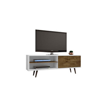 Manhattan Comfort 201AMC69 Liberty 62.99" Mid-Century - Modern TV Stand with 3 Shelves and 2 Doors in White and Rustic Brown with Solid Wood Legs