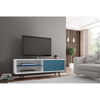 Manhattan Comfort 201AMC63 Liberty 62.99" Mid-Century - Modern TV Stand with 3 Shelves and 2 Doors in White and Aqua Blue with Solid Wood Legs