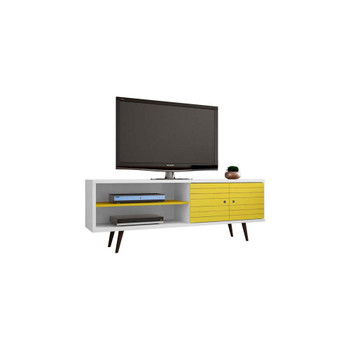 Manhattan Comfort 201AMC64 Liberty 62.99" Mid-Century - Modern TV Stand with 3 Shelves and 2 Doors in White and Yellow with Solid Wood Legs