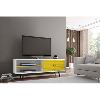 Manhattan Comfort 201AMC64 Liberty 62.99" Mid-Century - Modern TV Stand with 3 Shelves and 2 Doors in White and Yellow with Solid Wood Legs