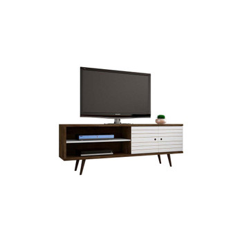 Manhattan Comfort 201AMC96 Liberty 62.99" Mid-Century - Modern TV Stand with 3 Shelves and 2 Doors in Rustic Brown and White with Solid Wood Legs
