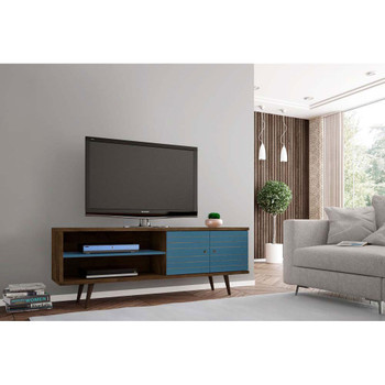 Manhattan Comfort 201AMC93 Liberty 62.99" Mid-Century - Modern TV Stand with 3 Shelves and 2 Doors in Rustic Brown and Aqua Blue with Solid Wood Legs