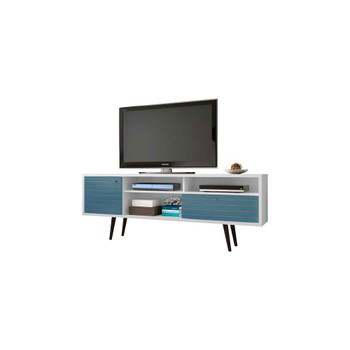 Manhattan Comfort 202AMC63 Liberty 70.86" Mid-Century - Modern TV Stand with 4 Shelving Spaces and 1 Drawer in White and Aqua Blue with Solid Wood Legs
