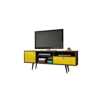 Manhattan Comfort 202AMC94 Liberty 70.86" Mid-Century - Modern TV Stand with 4 Shelving Spaces and 1 Drawer in Rustic Brown and Yellow with Solid Wood Legs