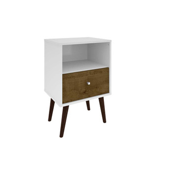 Manhattan Comfort 203AMC69 Liberty Mid-Century - Modern Nightstand 1.0 with 1 Cubby Space and 1 Drawer in White and Rustic Brown with Solid Wood Legs