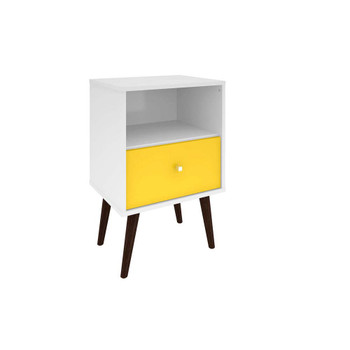 Manhattan Comfort 203AMC63 Liberty Mid-Century - Modern Nightstand 1.0 with 1 Cubby Space and 1 Drawer in White and Yellow with Solid Wood Legs