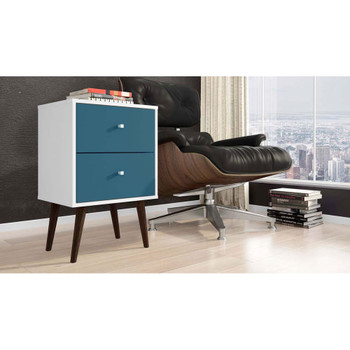 Manhattan Comfort 204AMC64 Liberty Mid-Century - Modern Nightstand 2.0 with 2 Full Extension Drawers in White and Aqua Blue with Solid Wood Legs