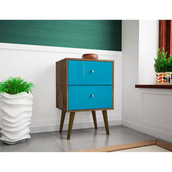 Manhattan Comfort 204AMC93 Liberty Mid-Century - Modern Nightstand 2.0 with 2 Full Extension Drawers in Rustic Brown and Aqua Blue