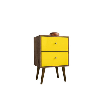 Manhattan Comfort 204AMC94 Liberty Mid-Century - Modern Nightstand 2.0 with 2 Full Extension Drawers in Rustic Brown and Yellow