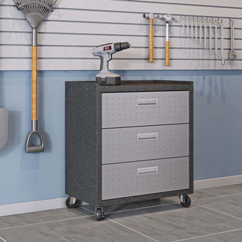 Manhattan Comfort 4GMCC Fortress Textured Metal 31.5" Garage Mobile Chest with 3 Full Extension Drawers in Grey