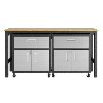 Manhattan Comfort 17GMC 3-Piece Fortress Mobile Space-Saving Steel Garage Cabinet and Worktable 4.0 in Grey