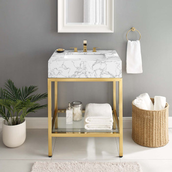 Modway Kingsley 26" Gold Stainless Steel Bathroom Vanity EEI-3995-GLD-WHI Gold White