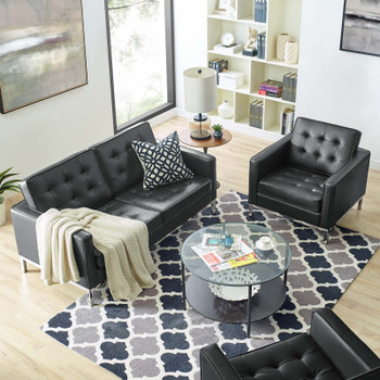 Modway Loft Tufted Upholstered Faux Leather Loveseat and Armchair Set EEI-4102-SLV-BLK-SET Silver Black