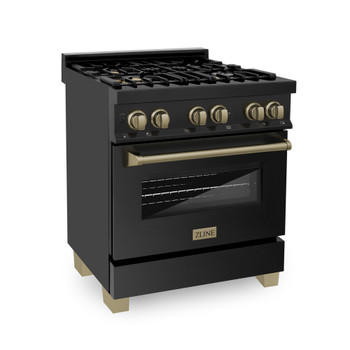 ZLINE Autograph Edition 30" 4.0 cu. ft. Dual Fuel Range with Gas Stove and Electric Oven in Black Stainless Steel with Champagne Bronze Accents (RABZ-30-CB)