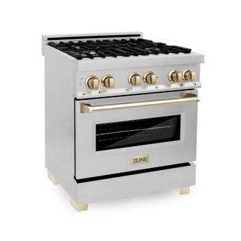 ZLINE Autograph Edition 30" 4.0 cu. ft. Dual Fuel Range with Gas Stove and Electric Oven in Stainless Steel with Gold Accents (RAZ-30-G)