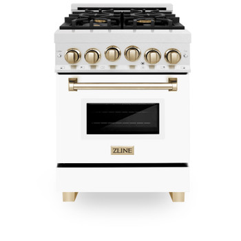 ZLINE Autograph Edition 24" 2.8 cu. ft. Range with Gas Stove and Gas Oven in DuraSnow® Stainless Steel with White Matte Door and Gold Accents RGSZ-WM-24-G