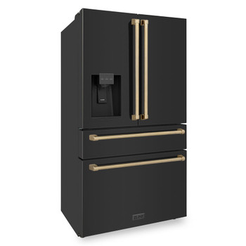 ZLINE 36" Autograph Edition 21.6 cu. ft Freestanding French Door Refrigerator with Water and Ice Dispenser in Fingerprint Resistant Black Stainless Steel with Champagne Bronze Handles RFMZ-W-36-BS-CB