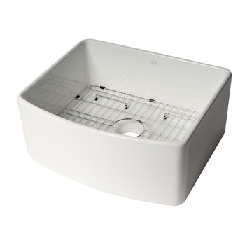 ALFI Brand ABFC2420-W White Smooth Curved Apron 24" x 20" Single Bowl Fireclay Farm Sink with Grid