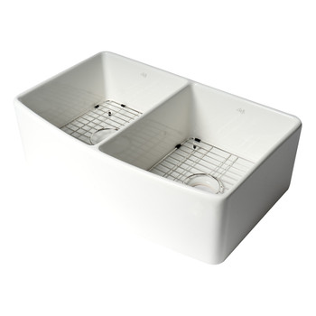 ALFI Brand ABFC3320D-W White Smooth Curved Apron 33" x 20" Double Bowl Fireclay Farm Sink with Grid