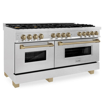 ZLINE Autograph Edition 60" 7.4 cu. ft. Dual Fuel Range with Gas Stove and Electric Oven in DuraSnow Stainless Steel with Champagne Bronze Accents (RASZ-60-CB)
