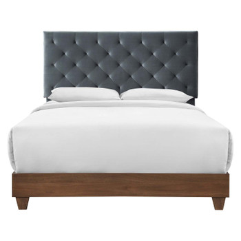 Modway Rhiannon Diamond Tufted Upholstered Performance Velvet Queen Bed Walnut Charcoal MOD-6147-WAL-CHA