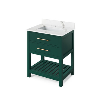 30" Forest Green Wavecrest Vanity, Calacatta Vienna Quartz Vanity Top, undermount rectangle bowl