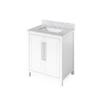 30" White Cade Vanity, White Carrara Marble Vanity Top, undermount rectangle bowl