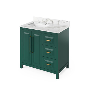 36" Forest Green Cade Vanity, left offset, Calacatta Vienna Quartz Vanity Top, undermount rectangle bowl