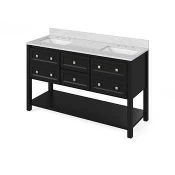 60" Black Adler Vanity, double bowl, White Carrara Marble Vanity Top, two undermount rectangle bowls