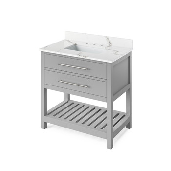 36" Grey Wavecrest Vanity, Calacatta Vienna Quartz Vanity Top, undermount rectangle bowl