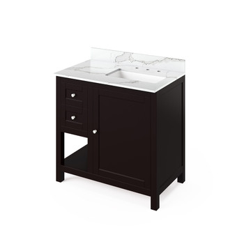 36" Espresso Astoria Vanity, right offset, Calacatta Vienna Quartz Vanity Top, undermount rectangle bowl