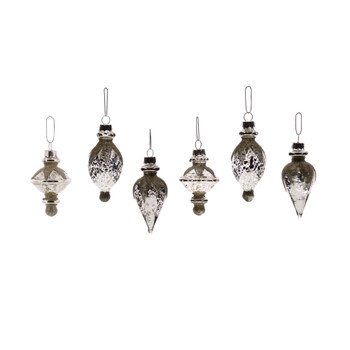 CLASSIC GLASS ORNAMENTS - SET OF 6, ASSORTED - ANTIQUE SILVER GLITTERED