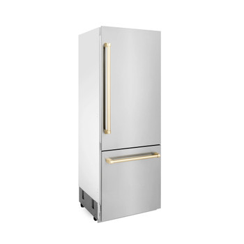 ZLINE 30" Autograph Edition 16.1 cu. ft. Built-in 2-Door Bottom Freezer Refrigerator with Internal Water and Ice Dispenser in Stainless Steel with Gold Accents RBIVZ-304-30-G