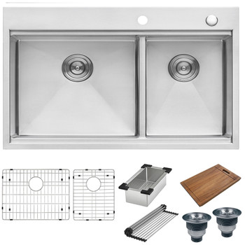 Ruvati 33 x 22 inch Workstation Drop-in 60/40 Double Bowl Topmount Rounded Corners 16 Gauge Stainless Steel Ledge Kitchen Sink - RVH8035