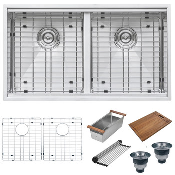 Ruvati 33-inch Workstation Ledge Rounded Corners 50/50 Double Bowl Undermount Kitchen Sink - RVH8351