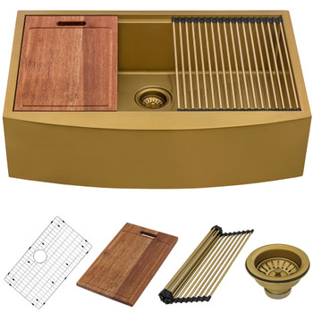 Ruvati 36-inch Matte Gold Workstation Apron-Front Brass Tone Stainless Steel Kitchen Sink - RVH9308GG