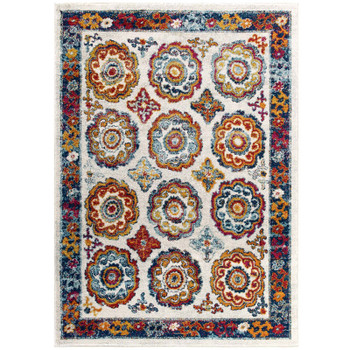 Modway Entourage Odile Distressed Floral Moroccan Trellis 5x8 Area Rug Ivory, Blue, Red, Orange, Yellow R-1168A-58