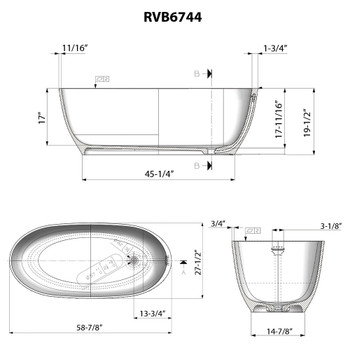 Ruvati 59-inch Matte Black epiStone Solid Surface Oval Freestanding Bath Tub Canali - RVB6744BK