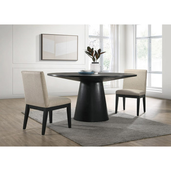 Lilola Home Jasper Ebony Black 3 Piece 59" Wide Contemporary Round Dining Table Set with Beige Fabric Chairs 30016-2
