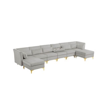 Lilola Home Jaka Light Gray Woven Fabric 6-Seater Sofa with Dropdown Table and Ottoman 81367LG
