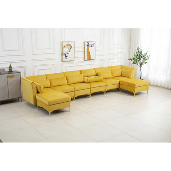 Lilola Home Jaka Yellow Woven Fabric 6-Seater Sofa with Dropdown Table and Ottoman 81367YW
